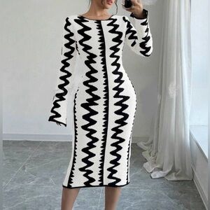 Classic Abstract Geo Sweater Flare Long Sleeve Sweater Dress